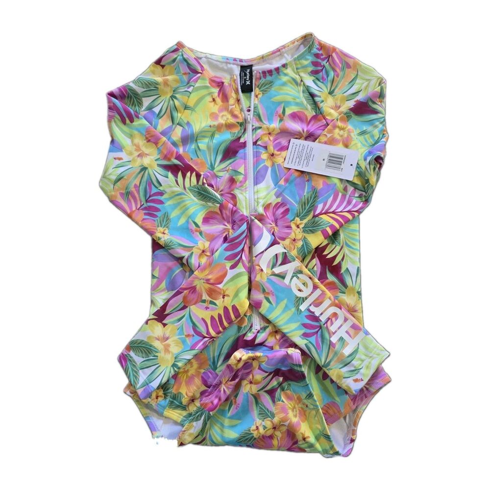 NWT Hurley  Womens Medium One Piece  Swimsuit Long Sleeve Rashguard Floral Zip